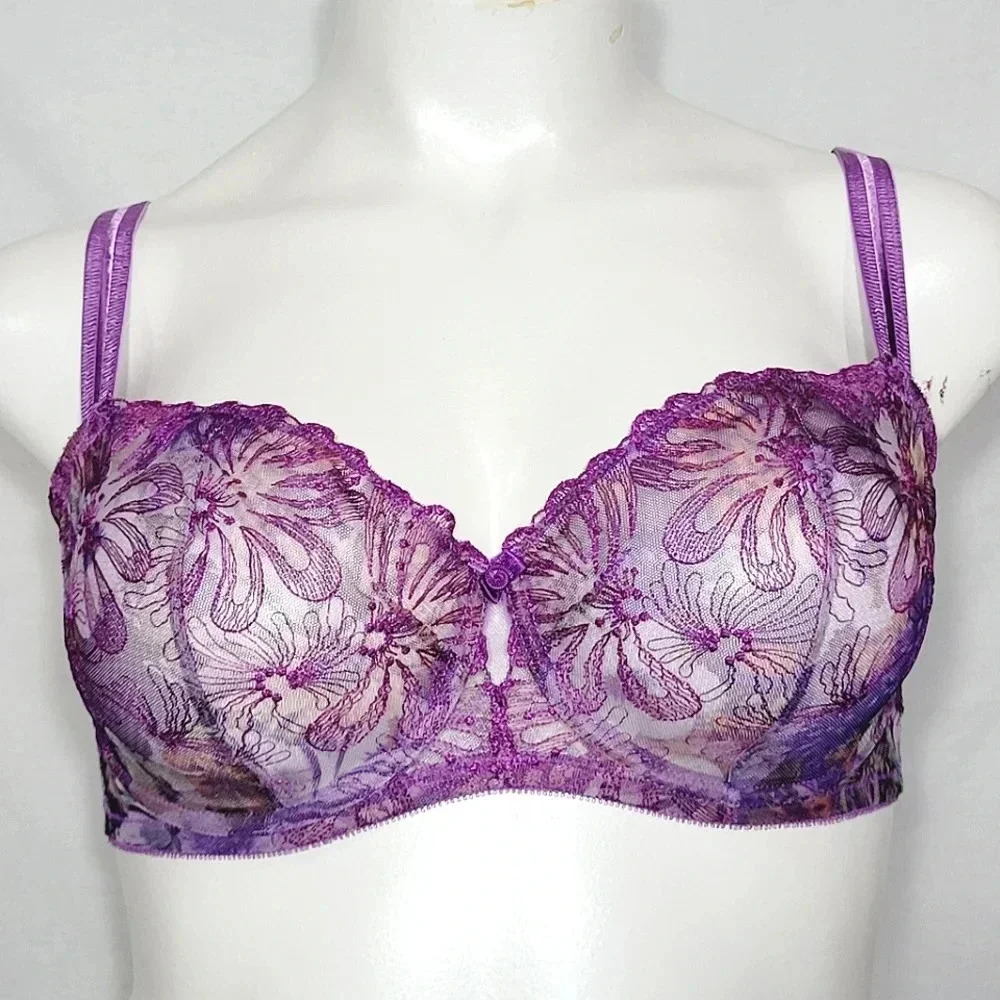 42DDD Paramour 115009 Ellie Demi Unlined Sheer Lace Underwire Bra Purple NWT